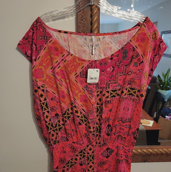 NWT Free People Blakely Dress Red Combo Printed Maxi Scoop Short Sleeve - Picture 4 of 6